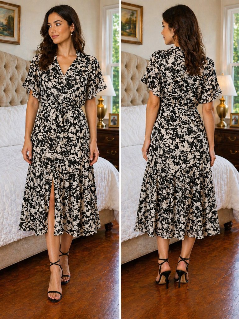 Nwt Misa Ranjana Abstract-Print Flutter-Sleeve Midi Dress $410